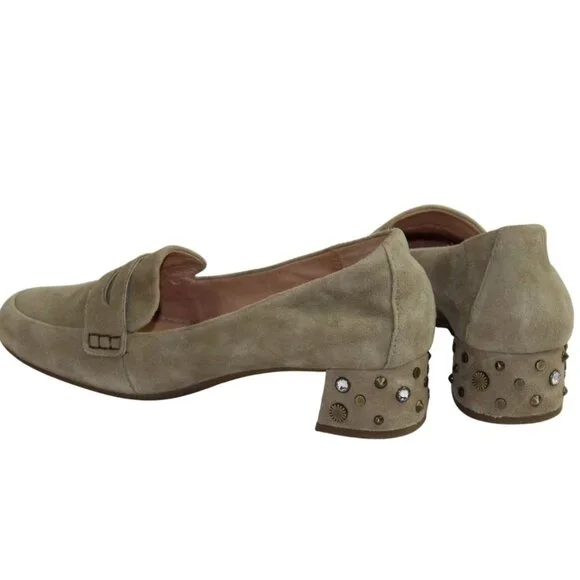 UGG Elise Tan Khaki Suede Penny Loafers Studded Heel Boho Chic Size 6.5 - Picture 6 of 11